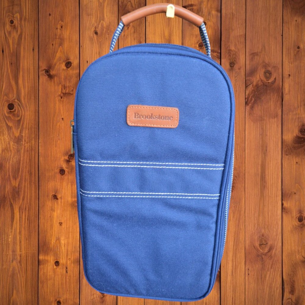 Brookstone Insulated Wine Bottle Caddy Navy Blue Plaid Carry Case Picnic